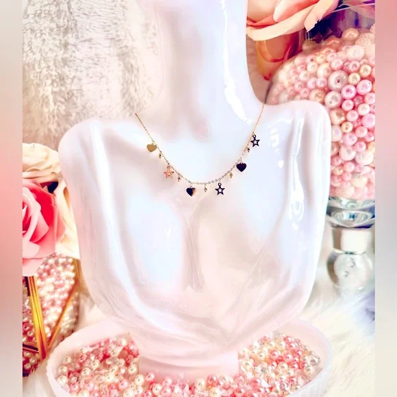 Heart and Star Station Necklace 💛 Real 18 Karat Solid Gold Jewelry 💛 - Picture 2 of 6